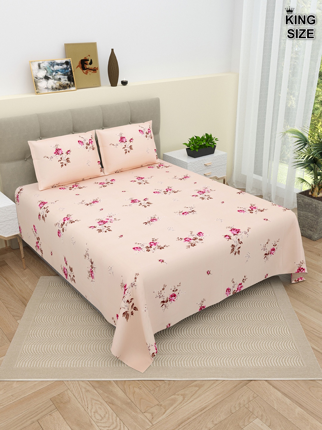 DREAM WEAVERZ Pink & Brown Floral Pure Cotton 220 TC King Bedsheet with 2 Pillow Covers
DREAM WEAVERZ Pink & Brown Floral Pure Cotton 220 TC King Bedsheet with 2 Pillow Covers