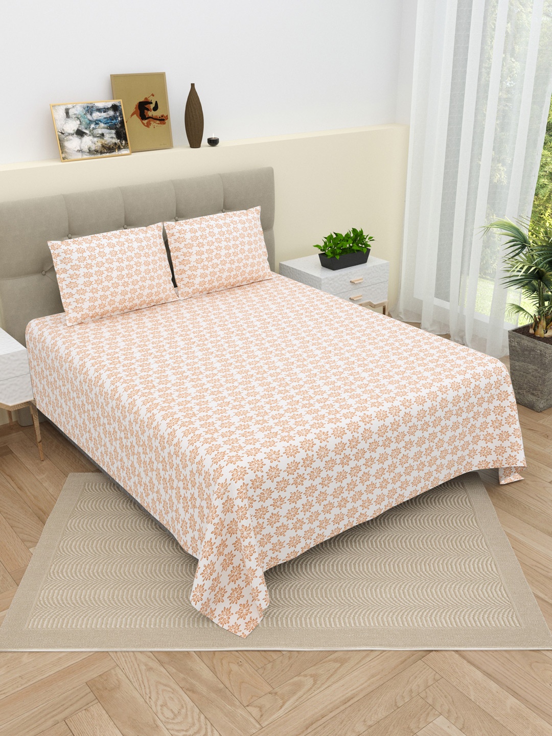 DREAM WEAVERZ Pink & White Floral Pure Cotton 220 TC King Bedsheet With 2 Pillow Covers
DREAM WEAVERZ Pink & White Floral Pure Cotton 220 TC King Bedsheet With 2 Pillow Covers