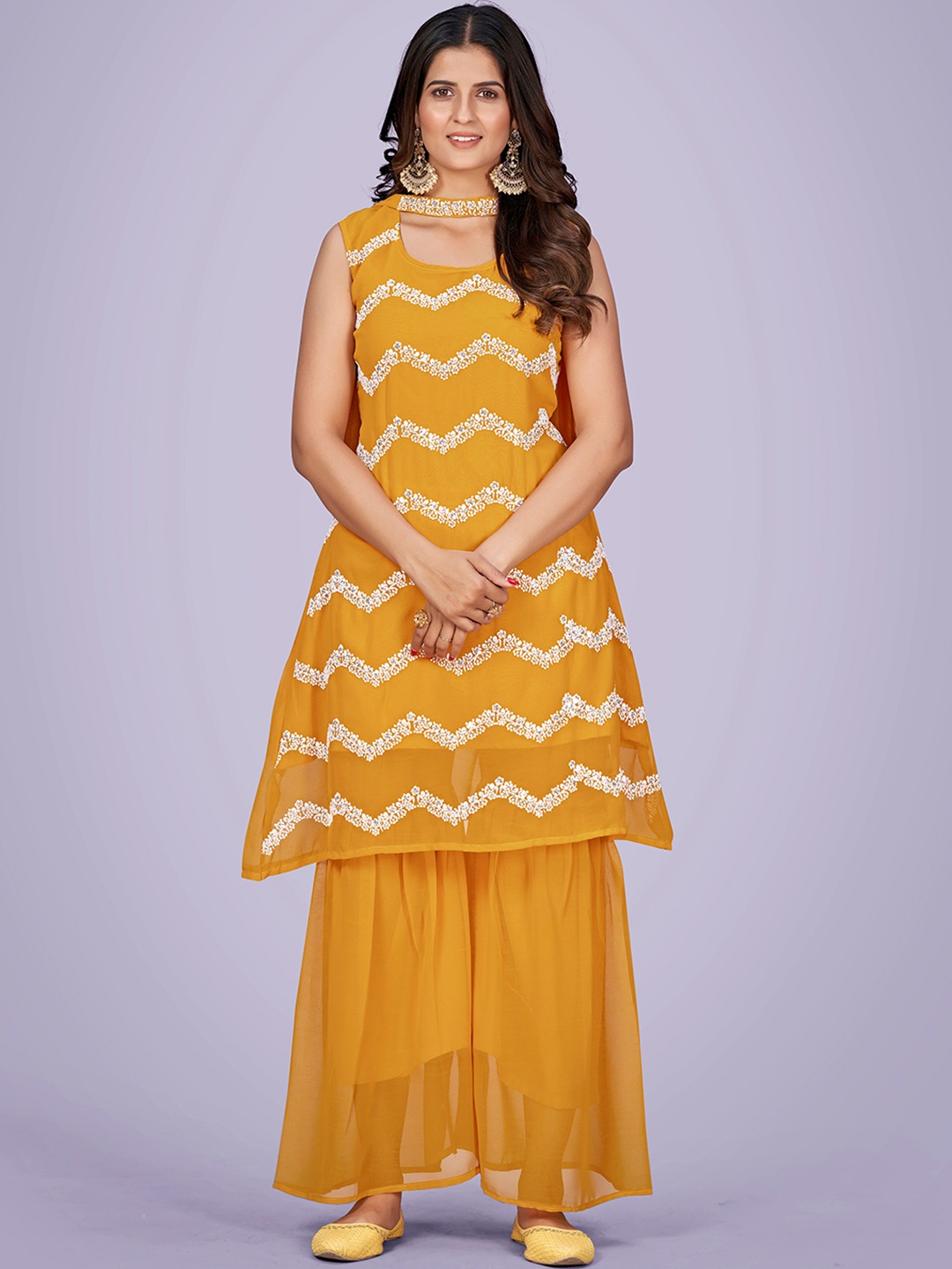 KALINI Floral Embroidered Thread Work Detailed A-Line Kurta & Sharara with Dupatta, Yellow
KALINI Floral Embroidered Thread Work Detailed A-Line Kurta & Sharara with Dupatta, Yellow