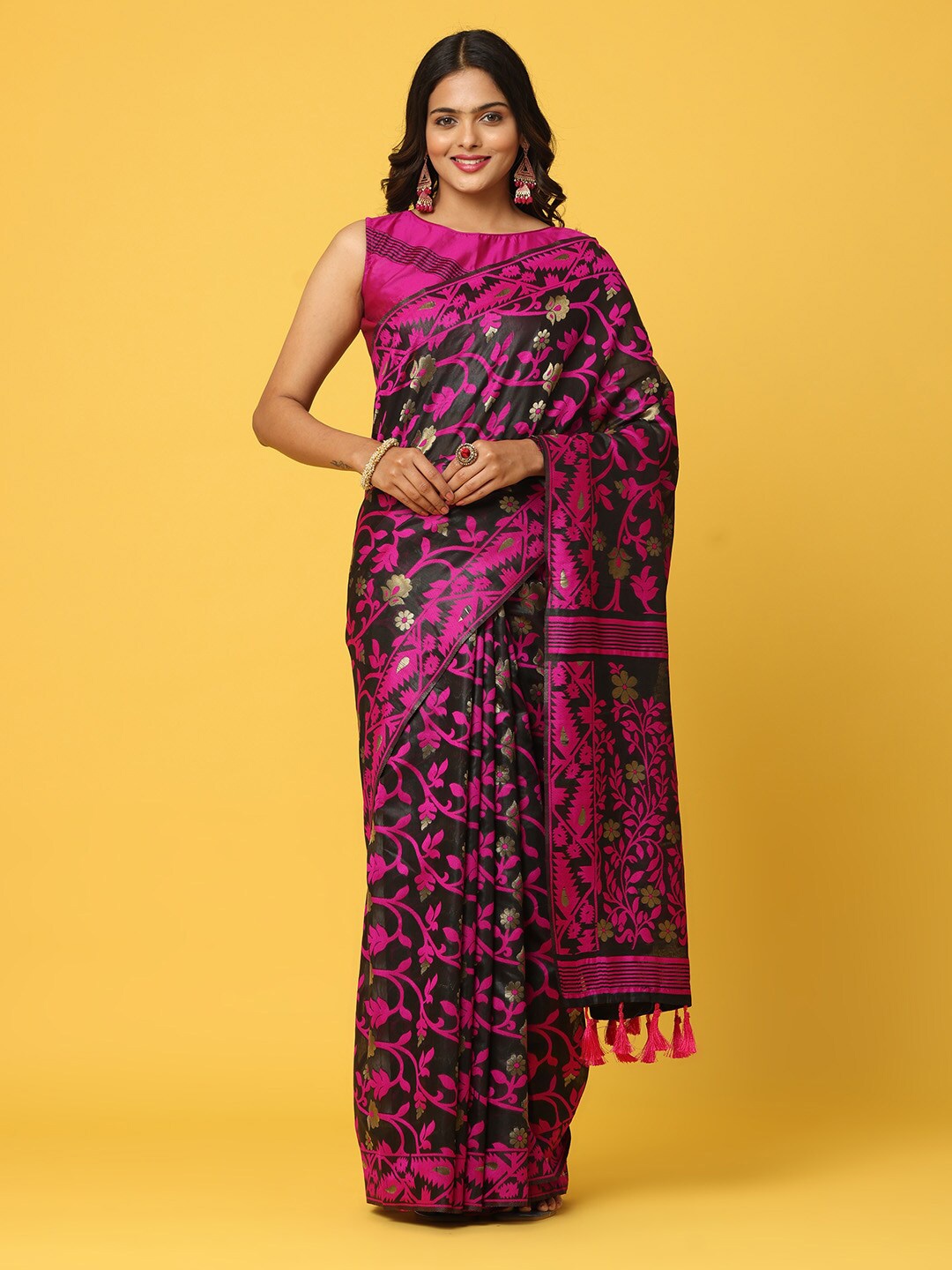 VASTRANAND Floral Woven Design Zari Silk Blend Jamdani Saree, Black