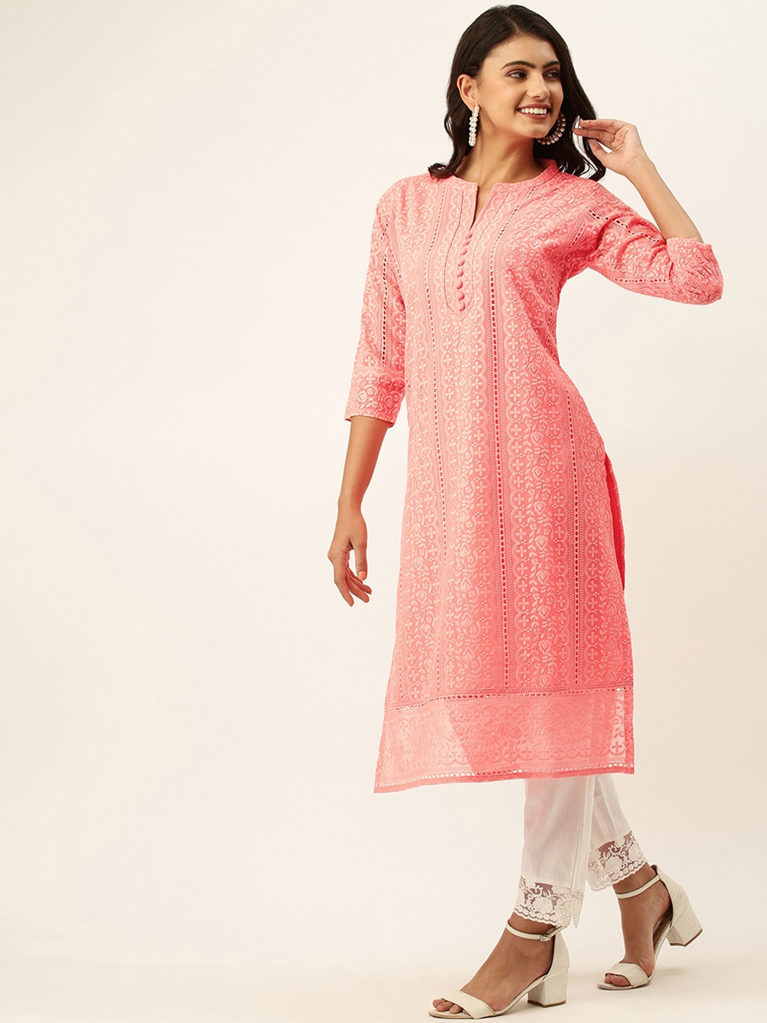 ODETTE Mandarin Collar Ethnic Motifs Embroidered Thread Work Kurta, Peach