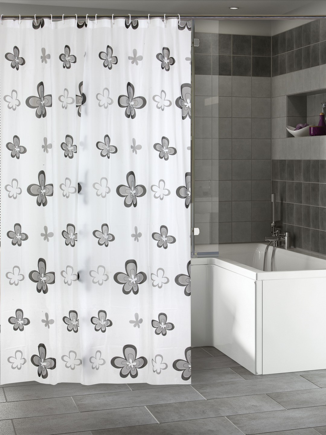 Cortina White & Grey Printed Polyester Single Shower Curtain