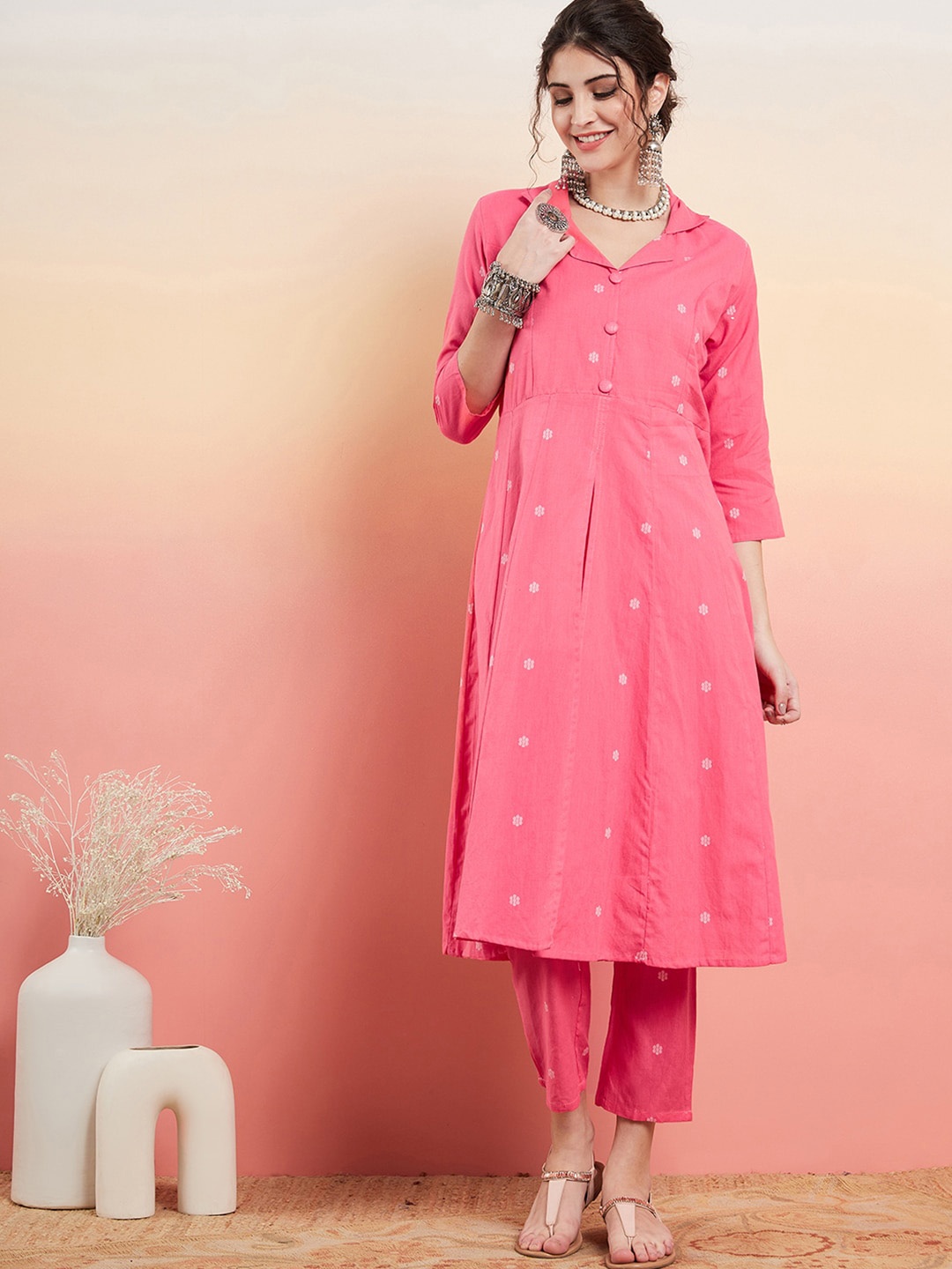 Sangria Floral Printed Shirt Collar A-line Kurta With Trousers& Dupatta, Pink
Sangria Floral Printed Shirt Collar A-line Kurta With Trousers& Dupatta, Pink