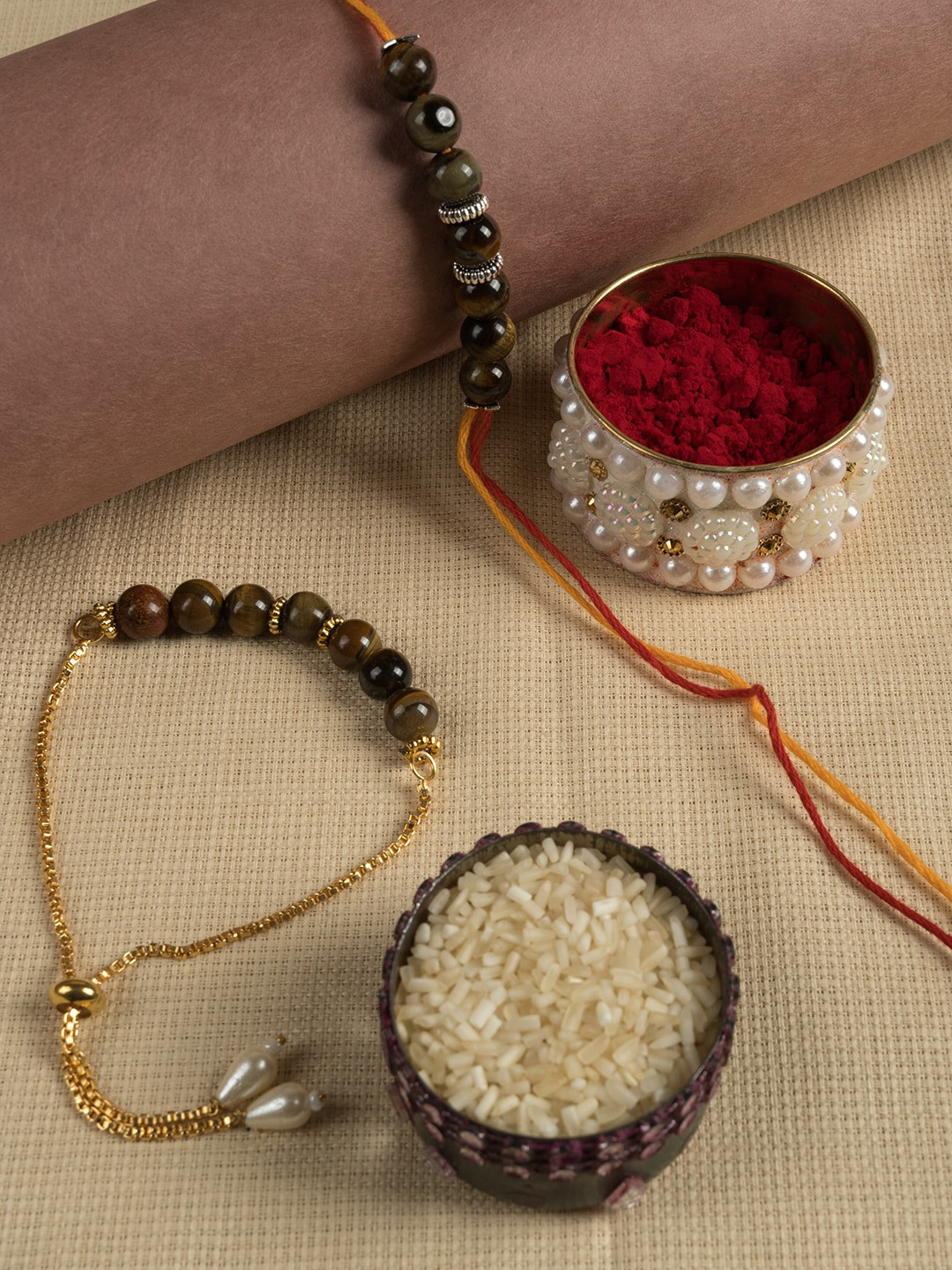 SHOOLIN Set of 2 Beaded Rakhis With Roli & Chawal With Greeting Card, Olive 
SHOOLIN Set of 2 Beaded Rakhis With Roli & Chawal With Greeting Card, Olive