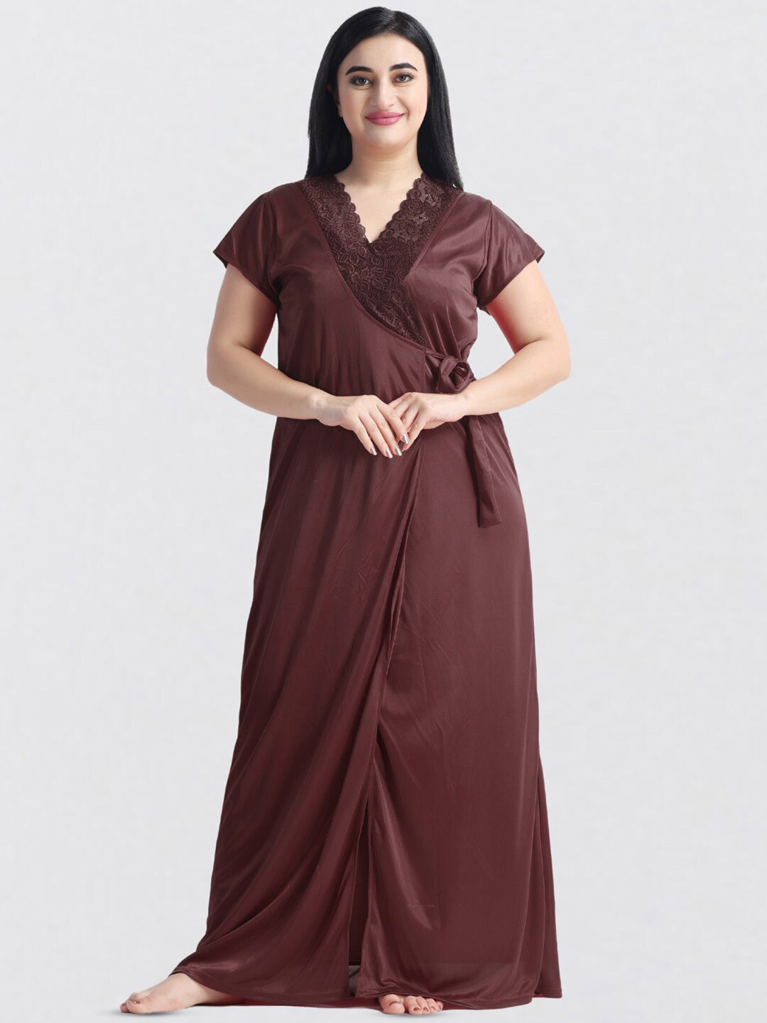NIGHT KEYS Pack Of 4 Lace & Bow Detail Satin Maxi Nightdress With Robe & Night Suit, Brown 
NIGHT KEYS Pack Of 4 Lace & Bow Detail Satin Maxi Nightdress With Robe & Night Suit, Brown