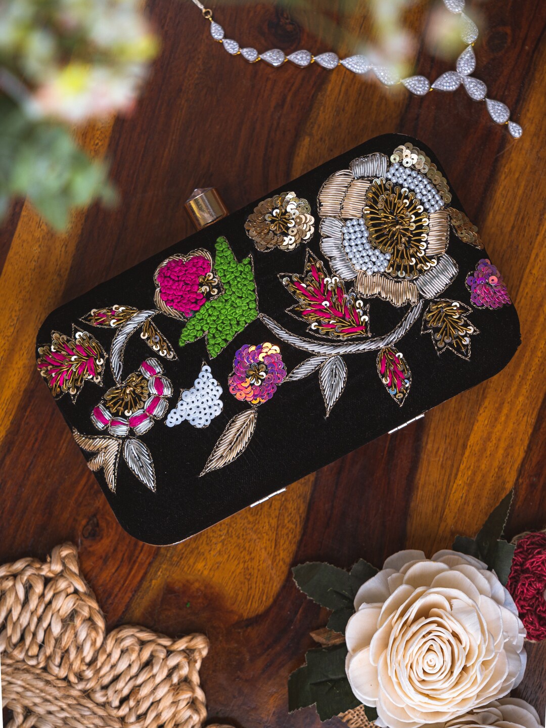 Anouk Embellished Box Clutch, Black