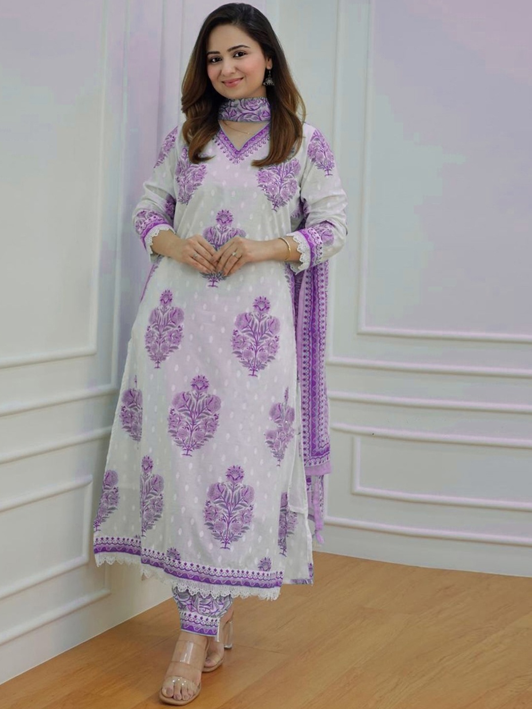 KALINI Floral Printed Sequinned Detail Pure Cotton A-Line Kurta & Salwar With Dupatta, Purple
KALINI Floral Printed Sequinned Detail Pure Cotton A-Line Kurta & Salwar With Dupatta, Purple