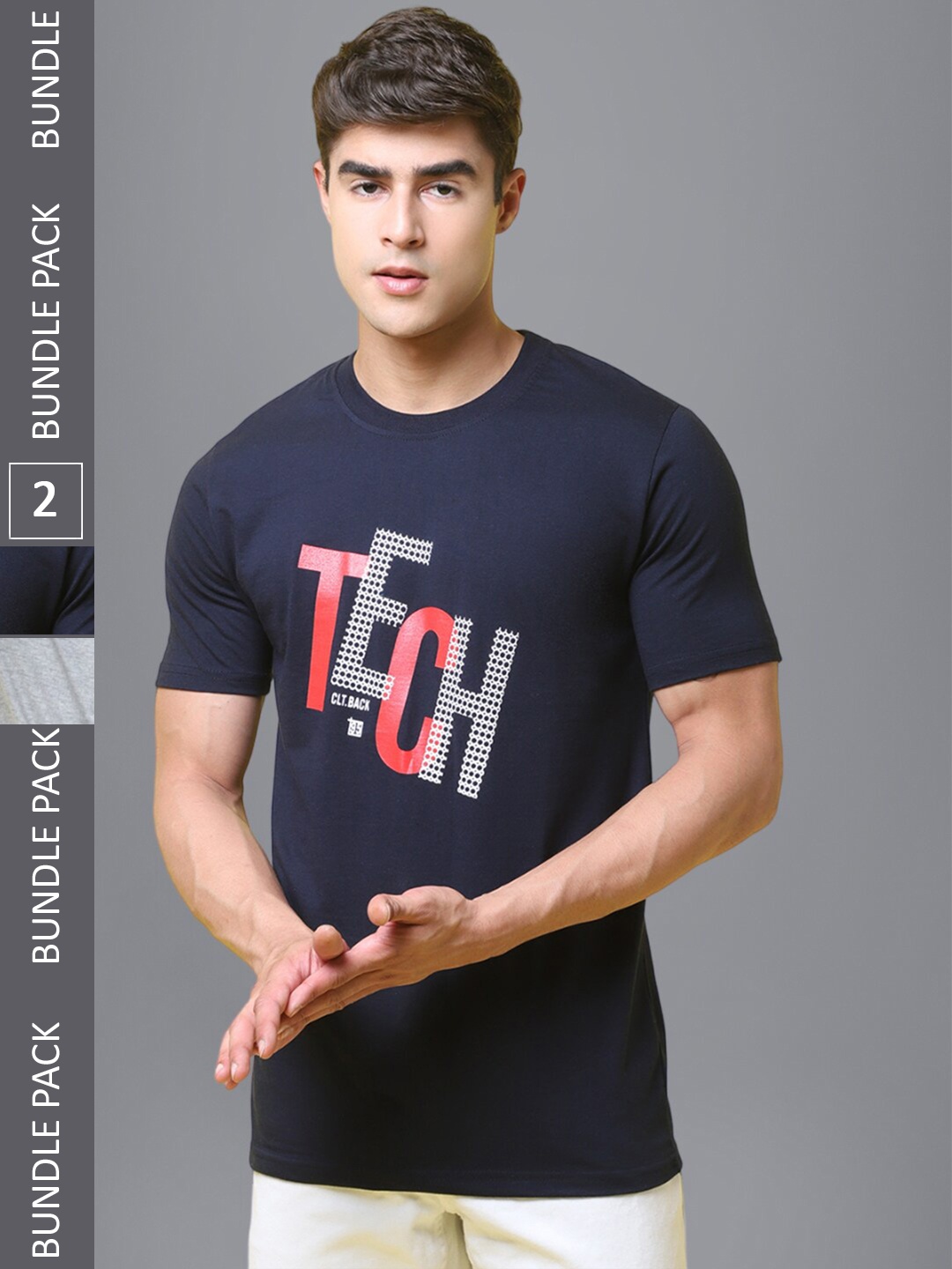 1 Stop Fashion Pack Of 2 Graphic Printed Cotton T-shirt, Navy blue