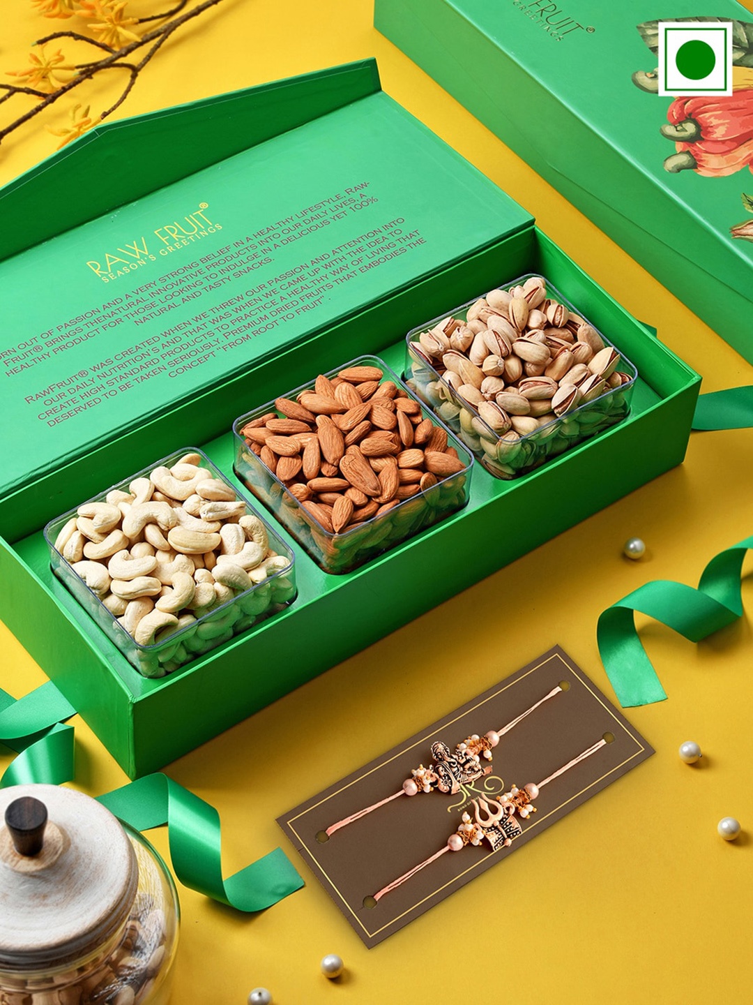 RawFruit Set of 5 Ganesha & Trishul Charm Rakhis With Roli Chawal Dryfruits Gift Set, Rose gold
RawFruit Set of 5 Ganesha & Trishul Charm Rakhis With Roli Chawal Dryfruits Gift Set, Rose gold