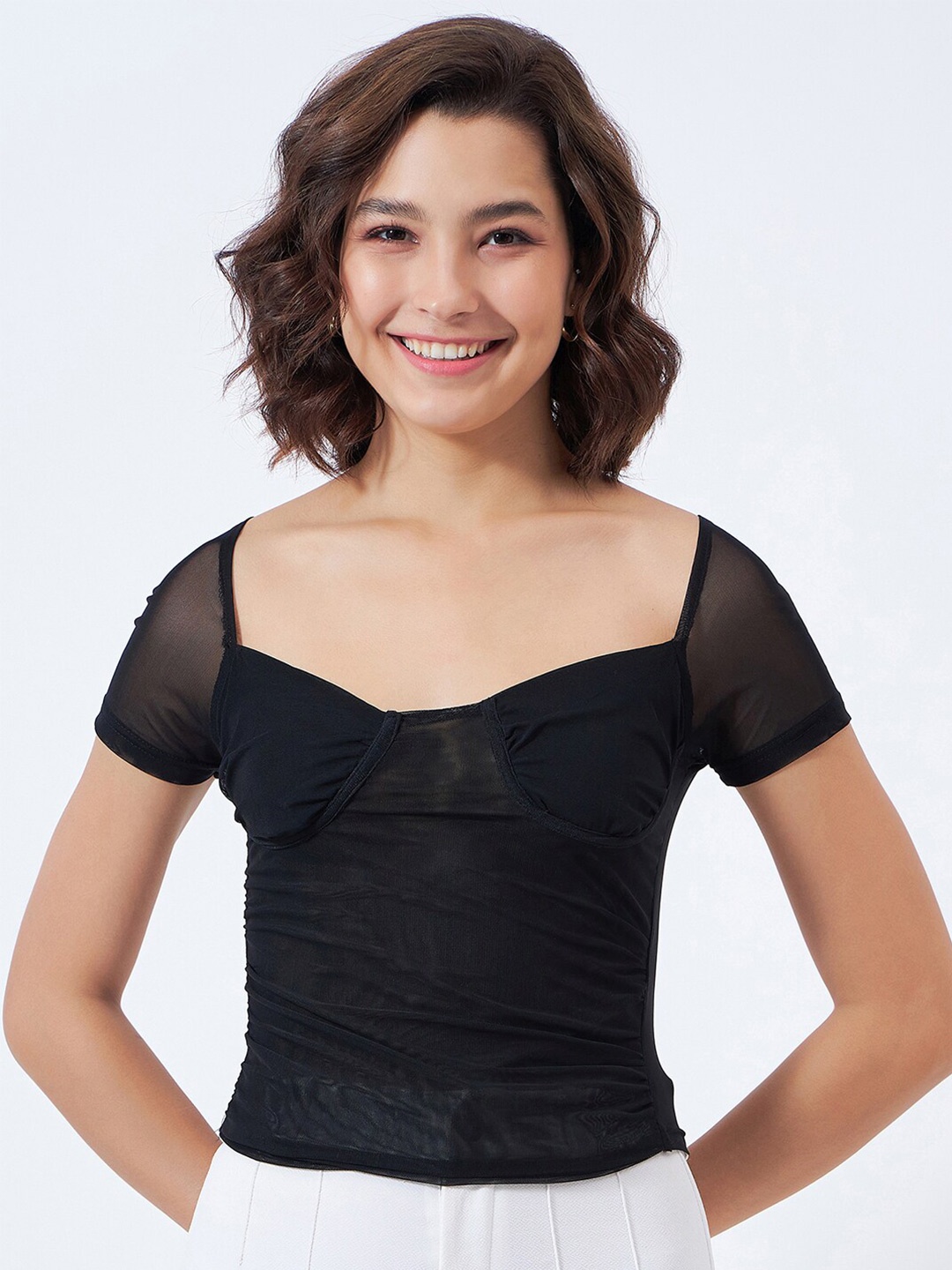 COLOR CAPITAL Sweetheart Neck Semi Sheer Regular Top, Black