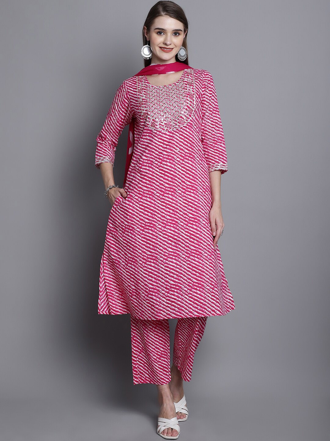 KALINI Leheriya Yoke Design Mirror Work Regular Kurta with Trousers & Dupatta, Magenta