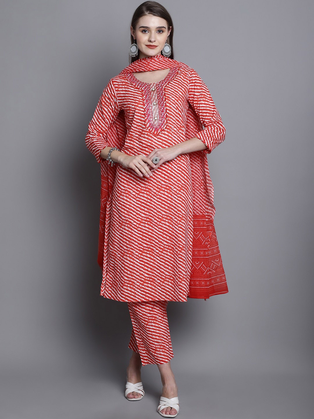 KALINI Striped Printed Pure Cotton Straight Kurta & Trousers With Dupatta, Orange