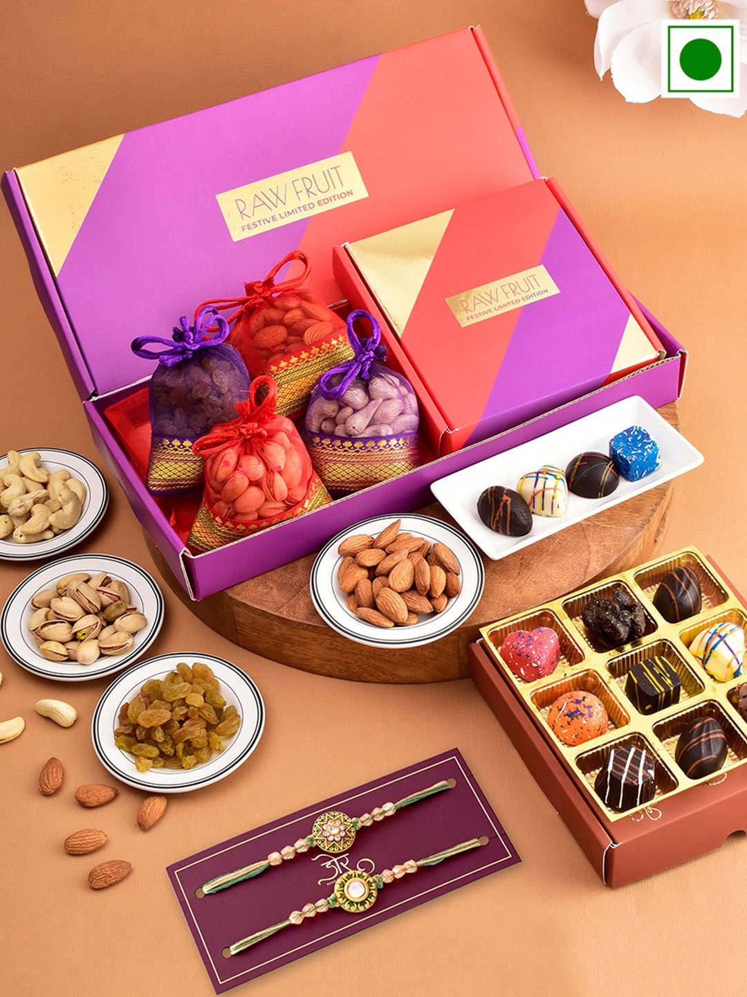 RawFruit Set Of 2 Stone Studded & Beaded Rakhi With Chocolate & Dryfruit Gift Set, Gold
RawFruit Set Of 2 Stone Studded & Beaded Rakhi With Chocolate & Dryfruit Gift Set, Gold