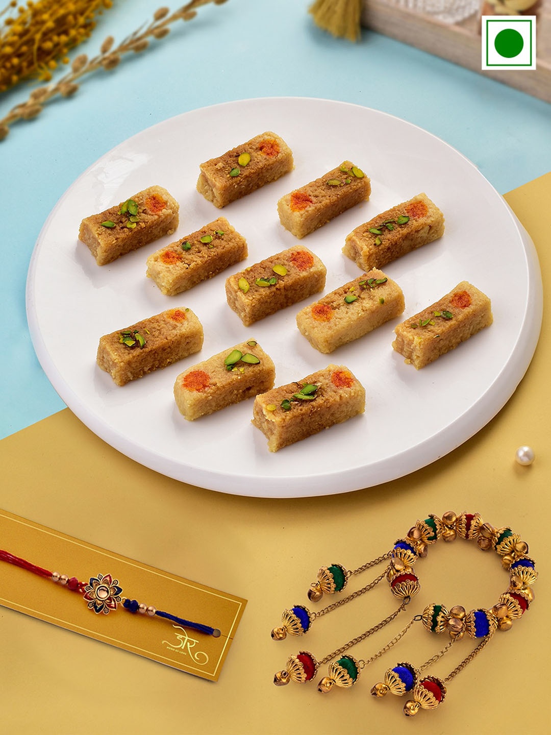 RawFruit Set Of 2 Bhai Bhabhi Rakhis With roli Chawal & Alwar Mawa Sweet-200 gms, Gold
RawFruit Set Of 2 Bhai Bhabhi Rakhis With roli Chawal & Alwar Mawa Sweet-200 gms, Gold
