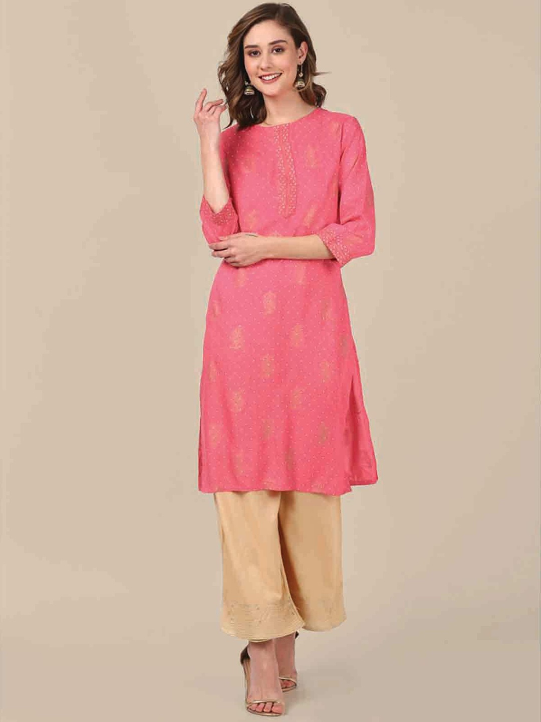 Rangita Paisley Printed Round Neck Regular Kurta, Coral