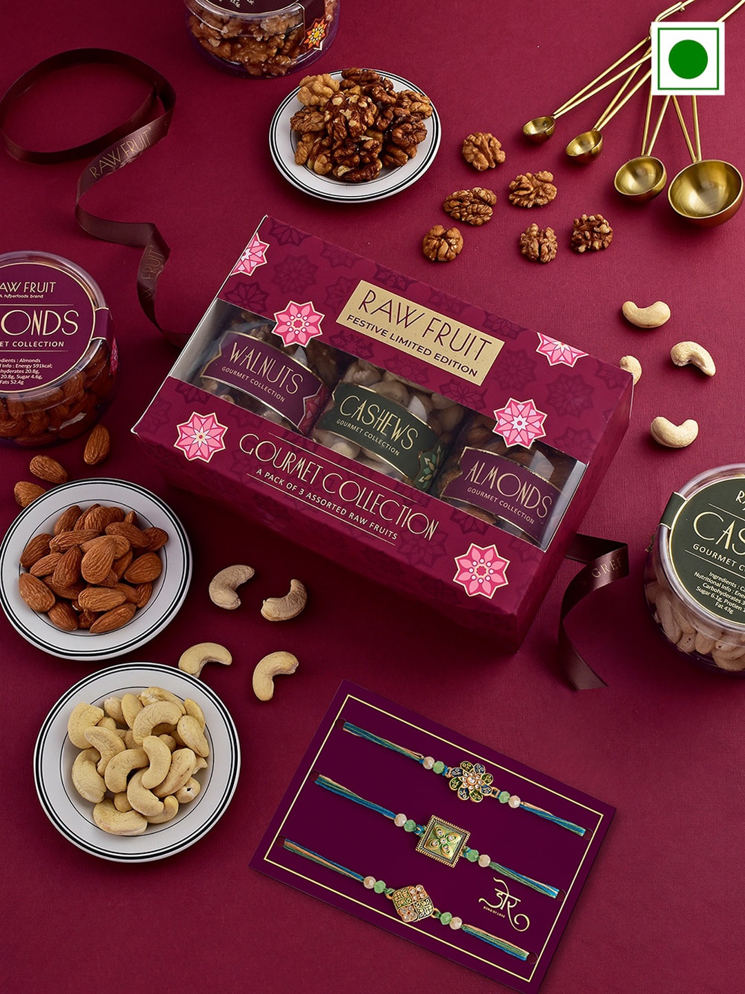 RawFruit Set Of 3 Studded & Beaded Rakhis With Roli Chawal & Dry Fruits Gift Set, Gold
RawFruit Set Of 3 Studded & Beaded Rakhis With Roli Chawal & Dry Fruits Gift Set, Gold