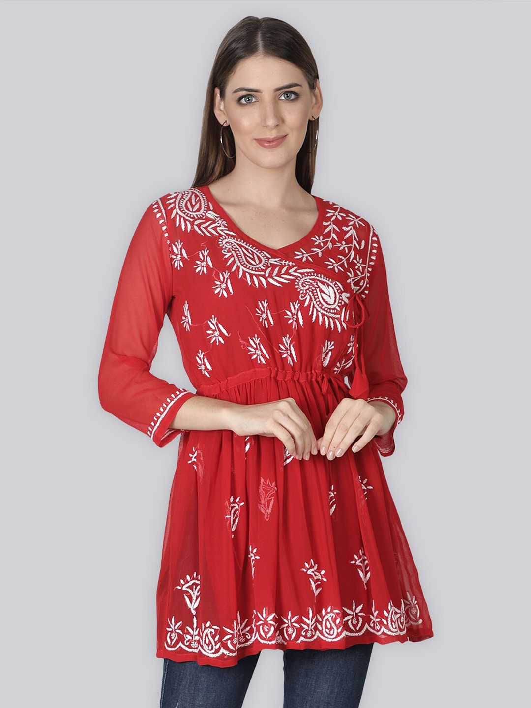 Seva Chikan Ethnic Motifs Embroidered Chikankari Angrakha A Line Kurti With Slip, Red
Seva Chikan Ethnic Motifs Embroidered Chikankari Angrakha A Line Kurti With Slip, Red
