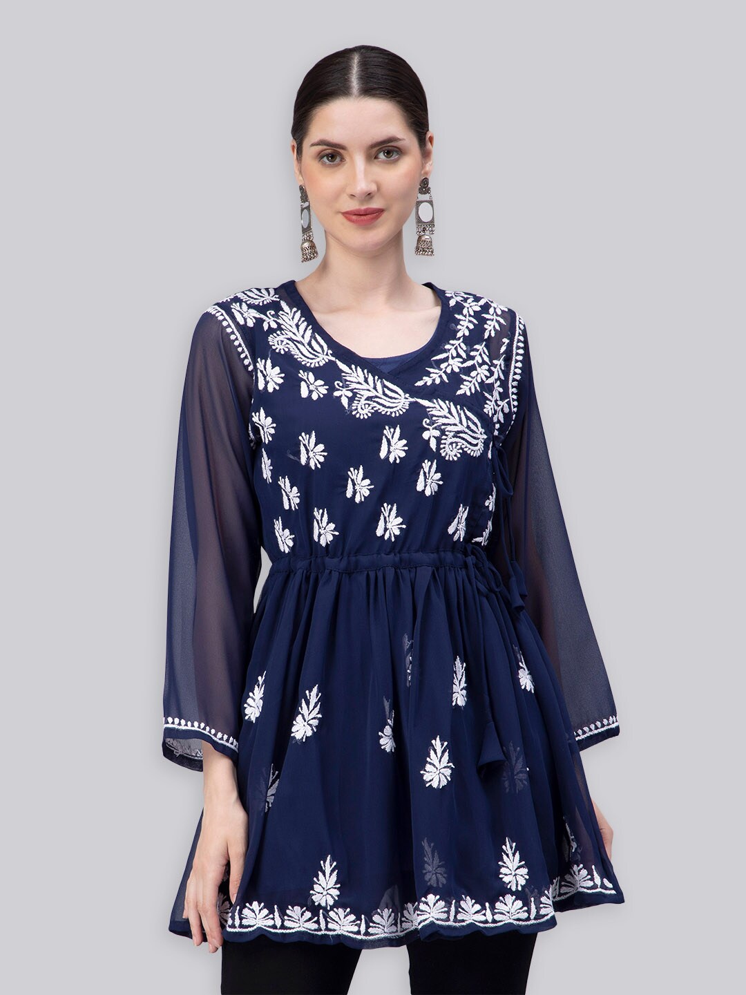 Seva Chikan Ethnic Motifs Embroidered Chikankari Angrakha A Line Kurti With Slip, Navy blue
Seva Chikan Ethnic Motifs Embroidered Chikankari Angrakha A Line Kurti With Slip, Navy blue