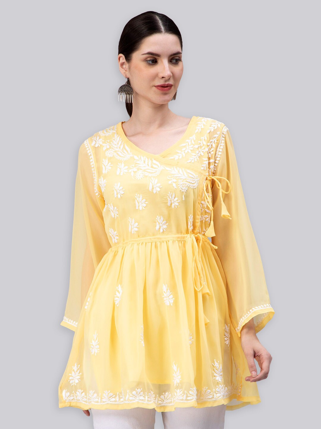 Seva Chikan Ethnic Motifs Embroidered Chikankari Angrakha A Line Kurti With Slip, Yellow
Seva Chikan Ethnic Motifs Embroidered Chikankari Angrakha A Line Kurti With Slip, Yellow