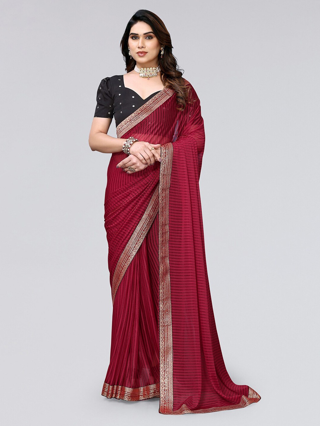 KALINI Striped Zari Saree, Maroon