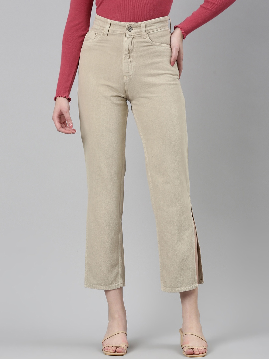 SHOWOFF Women High Rise Jean Clean Look Stretchable Jeans, Beige