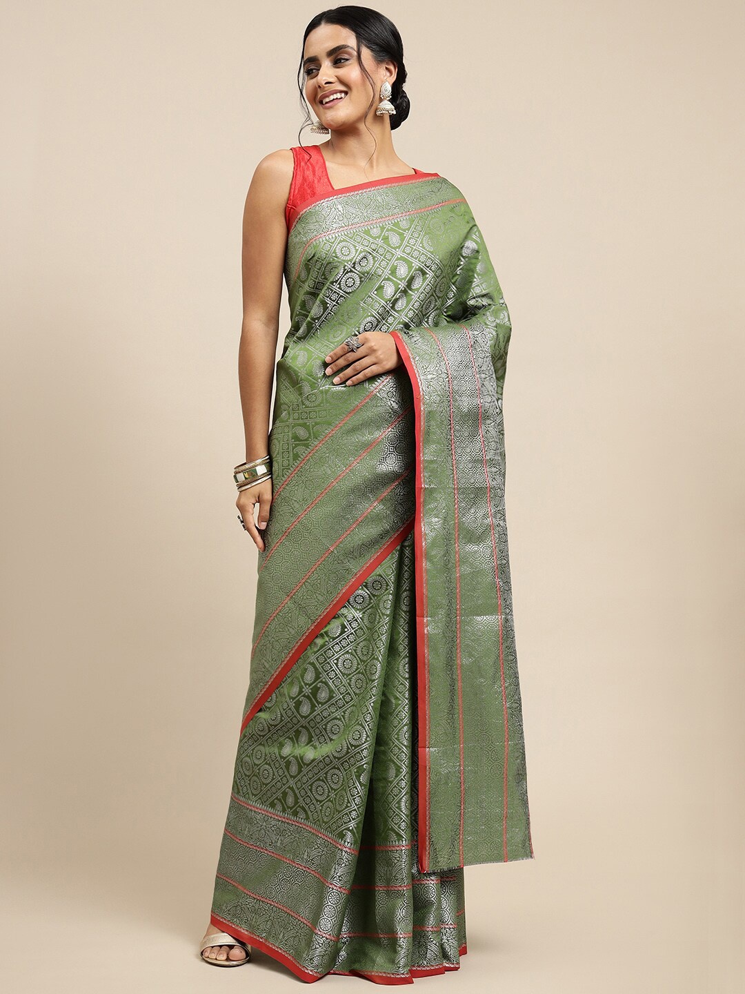 Anaita Ethnic Motifs Woven Design Zari Pure Silk Banarasi Saree, Green