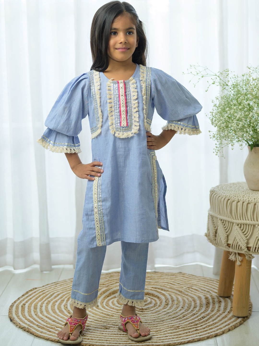 Fairies Forever Girls Pure Cotton Straight Kurta With Trouser, Blue