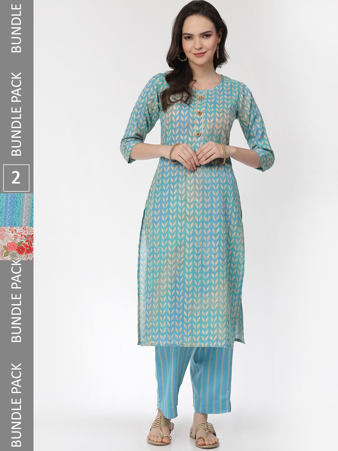 KALINI Selection Of 2 Floral Printed Gotta Patti Pure Cotton Kurta with Trousers, Blue
KALINI Selection Of 2 Floral Printed Gotta Patti Pure Cotton Kurta with Trousers, Blue
