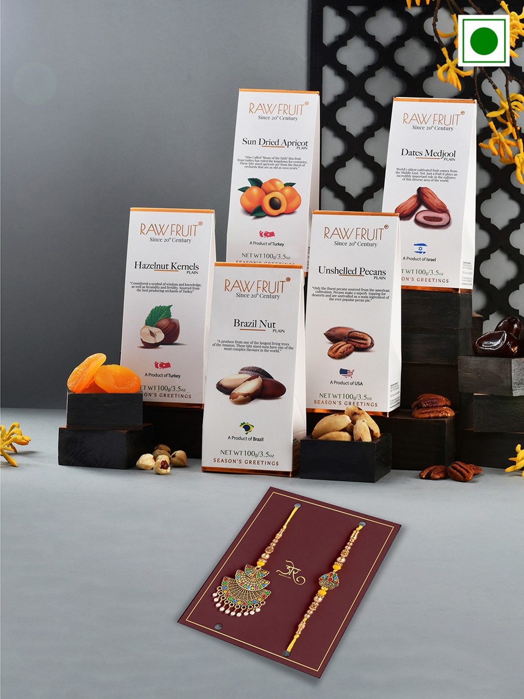 RawFruit Set Of 2 Bhai Bhabhi Rakhi With Premium Dry Fruits Gift Set-100gms Each, Yellow
RawFruit Set Of 2 Bhai Bhabhi Rakhi With Premium Dry Fruits Gift Set-100gms Each, Yellow
