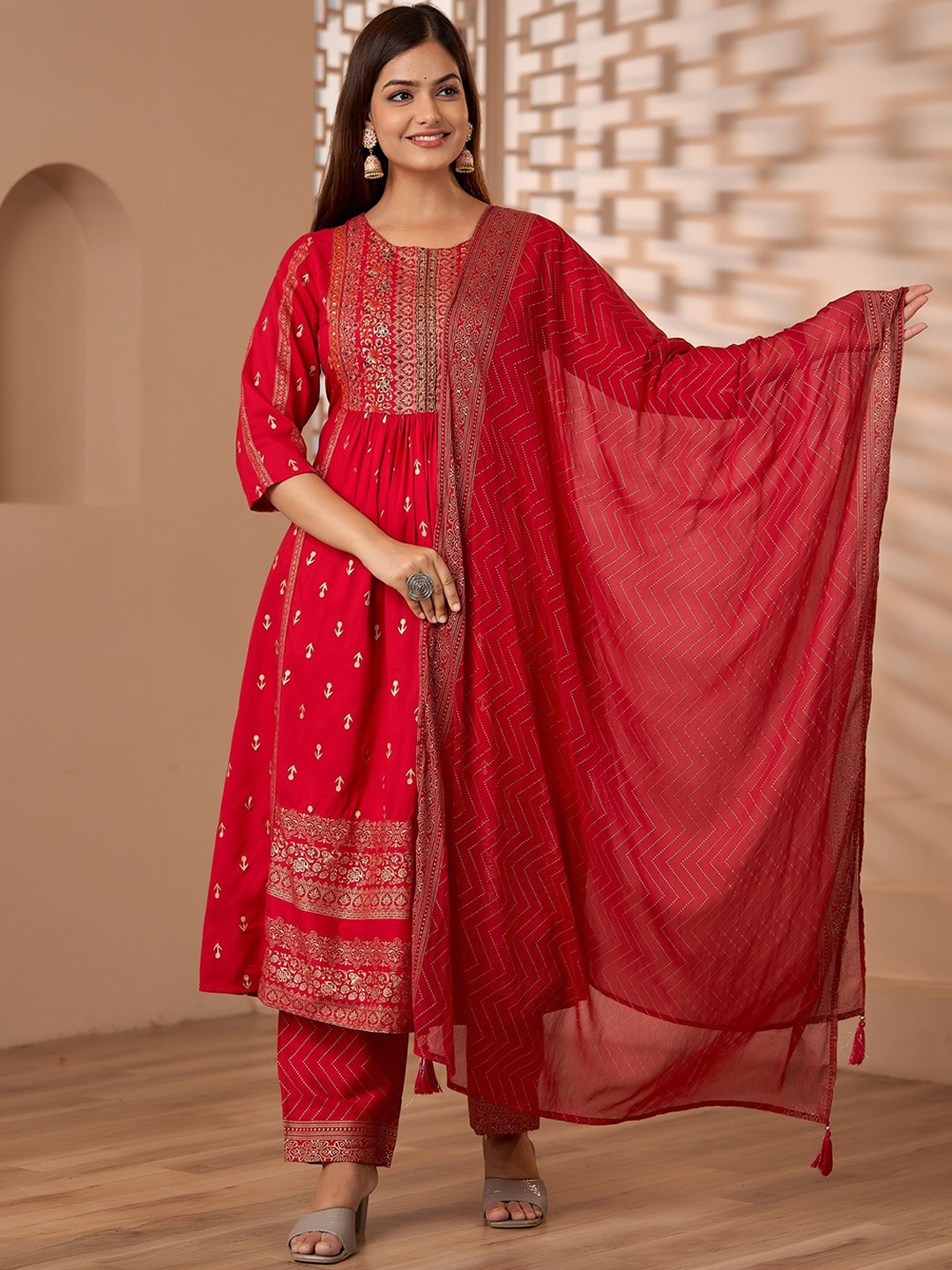 KALINI Ethnic Motifs Printed Empire Beads and Stones A-Line Kurta With Trousers & Dupatta, Pink
KALINI Ethnic Motifs Printed Empire Beads and Stones A-Line Kurta With Trousers & Dupatta, Pink