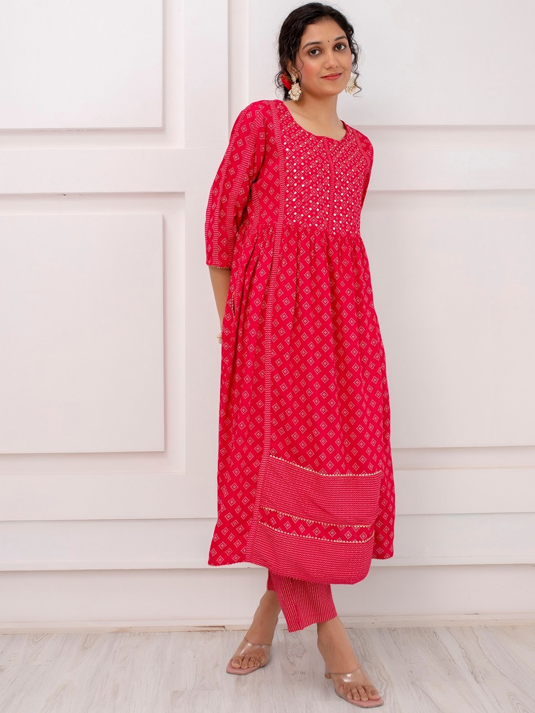 KALINI Geometric Printed Mirror Work Kurta & Trousers With Dupatta, Pink