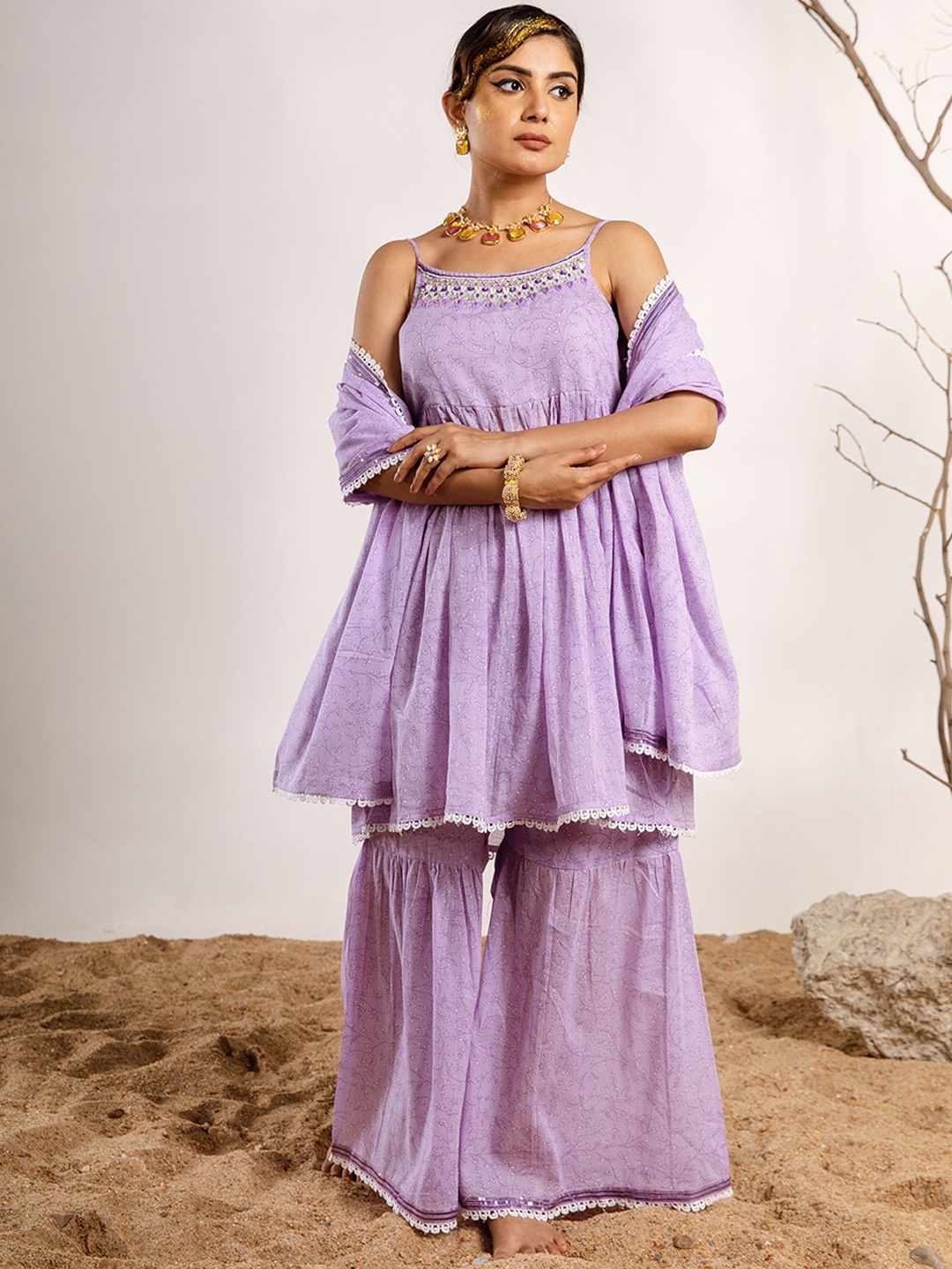 KALINI Floral Printed Beads and Stones Pure Cotton Kurta with Sharara & With Dupatta, Purple
KALINI Floral Printed Beads and Stones Pure Cotton Kurta with Sharara & With Dupatta, Purple