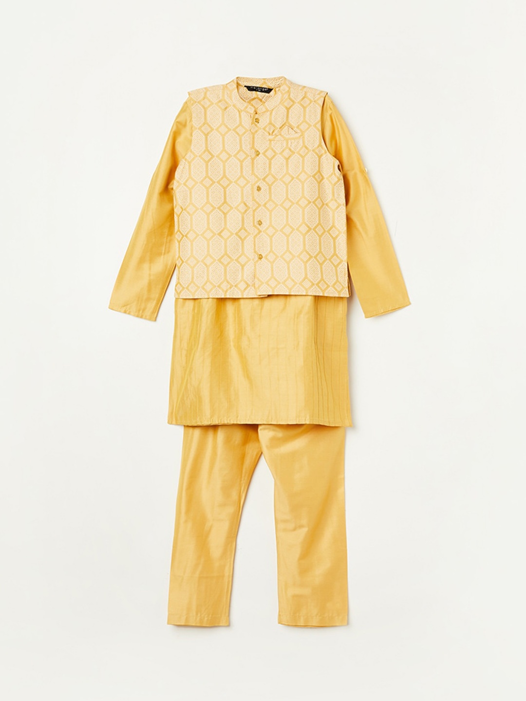 Melange by Lifestyle Boys Straight Kurta & Trousers With Printed Nehru Jacket, Yellow
Melange by Lifestyle Boys Straight Kurta & Trousers With Printed Nehru Jacket, Yellow