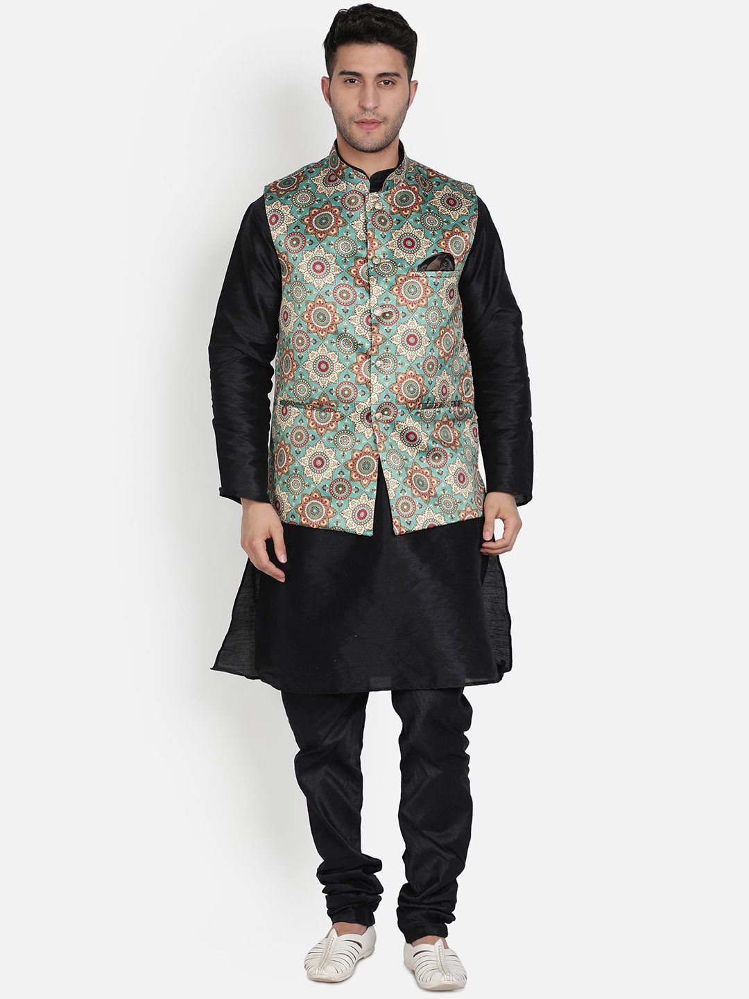 Armaan Ethnic Mandarin Collar Dupion Silk Kurta with Churidar And Printed Nehru Jacket, Black
Armaan Ethnic Mandarin Collar Dupion Silk Kurta with Churidar And Printed Nehru Jacket, Black