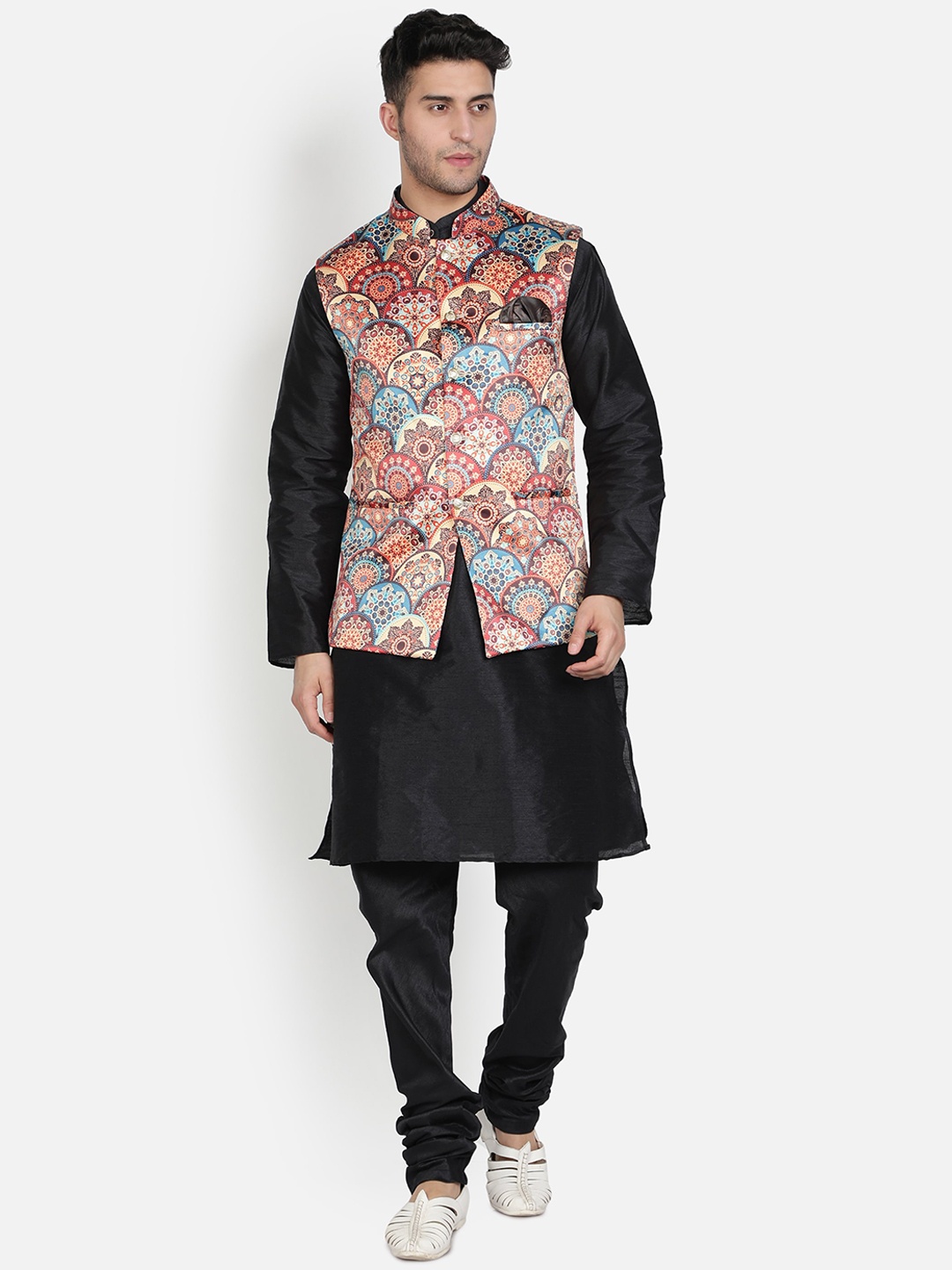 Armaan Ethnic Mandarin Collar Dupion Silk Kurta with Churidar And Printed Nehru Jacket, Black
Armaan Ethnic Mandarin Collar Dupion Silk Kurta with Churidar And Printed Nehru Jacket, Black