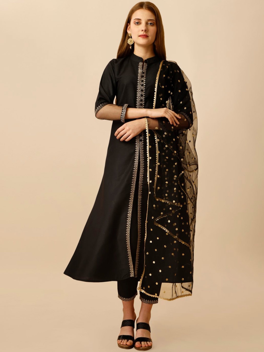 Modestouze Attires Sequinned Detail Pure Silk A-Line Kurta & Trousers With Dupatta, Black
Modestouze Attires Sequinned Detail Pure Silk A-Line Kurta & Trousers With Dupatta, Black