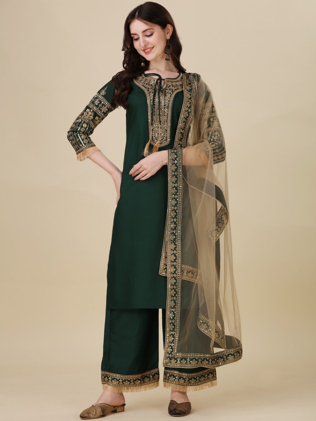 Modestouze Attires Embroidered Sequined Pure Silk Kurta & Trousers With Dupatta, Green
Modestouze Attires Embroidered Sequined Pure Silk Kurta & Trousers With Dupatta, Green