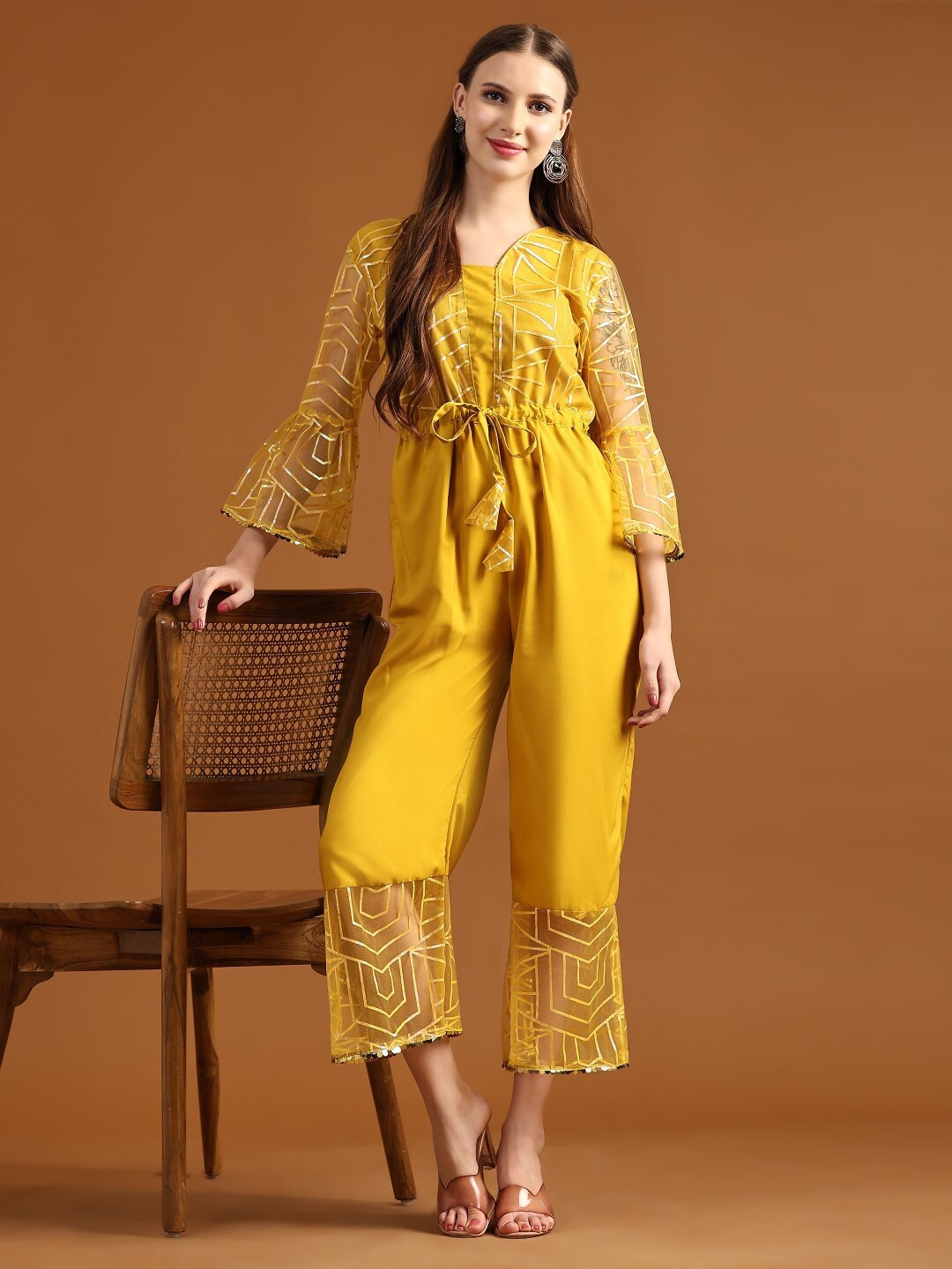 Modestouze Attires V Neck Self Design Waist Tie-Ups Bell sleeve Basic Jumpsuit, Yellow
Modestouze Attires V Neck Self Design Waist Tie-Ups Bell sleeve Basic Jumpsuit, Yellow