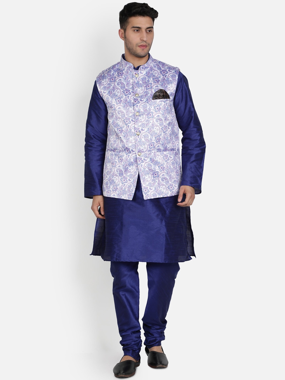 Armaan Ethnic Mandarin Collar Dupion Silk Kurta with Churidar And Printed Nehru Jacket, Navy blue
Armaan Ethnic Mandarin Collar Dupion Silk Kurta with Churidar And Printed Nehru Jacket, Navy blue