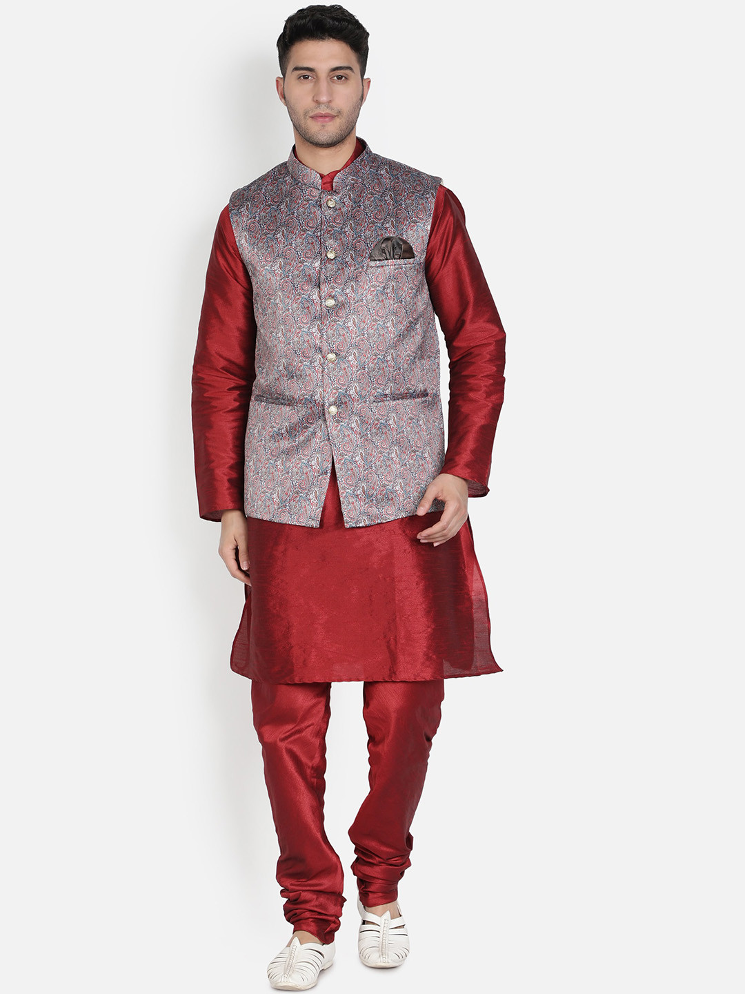 Armaan Ethnic Mandarin Collar Dupion Silk Kurta with Churidar And Printed Nehru Jacket, Maroon
Armaan Ethnic Mandarin Collar Dupion Silk Kurta with Churidar And Printed Nehru Jacket, Maroon
