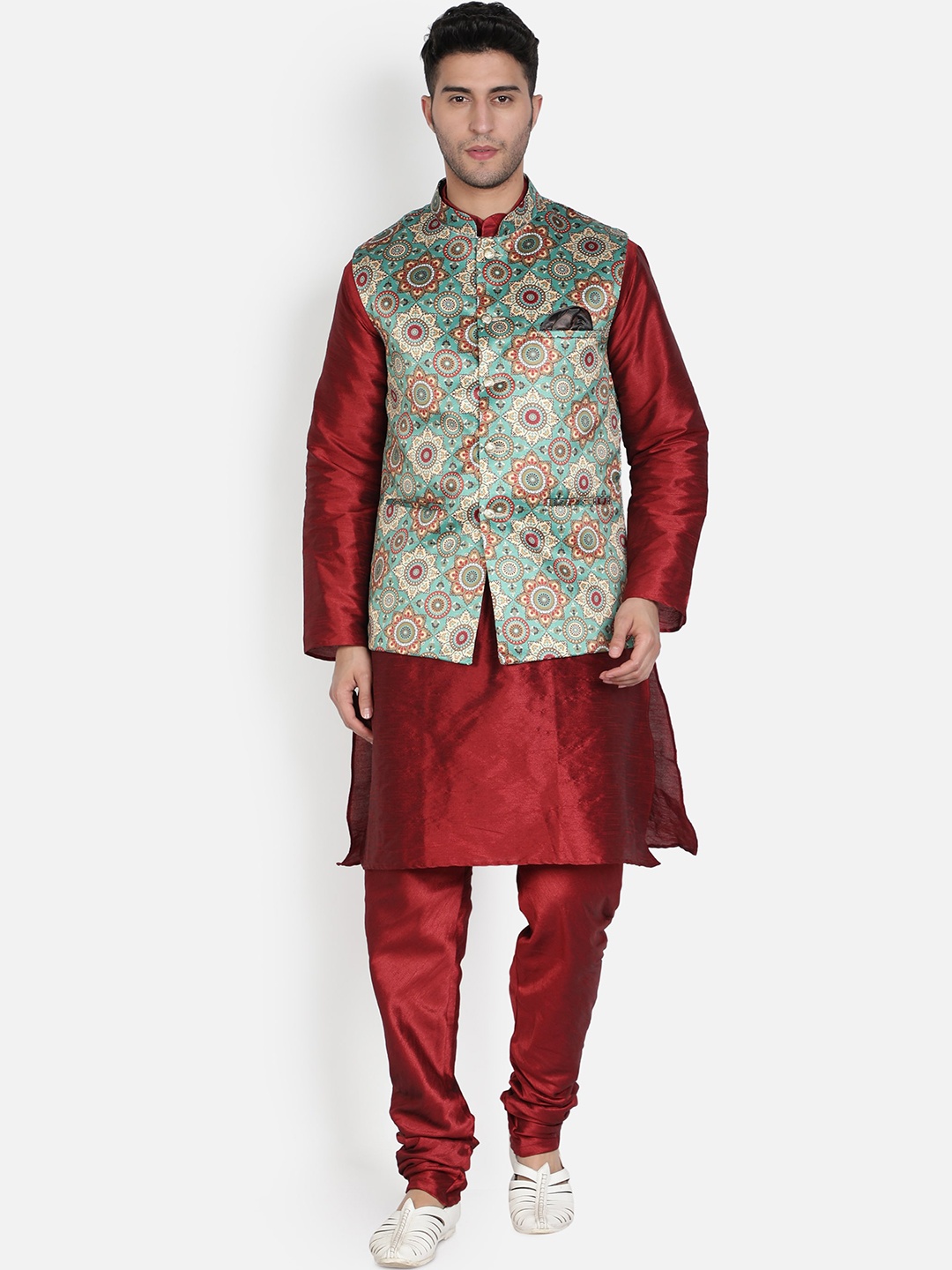 Armaan Ethnic Mandarin Collar Dupion Silk Kurta with Churidar And Printed Nehru Jacket, Red
Armaan Ethnic Mandarin Collar Dupion Silk Kurta with Churidar And Printed Nehru Jacket, Red
