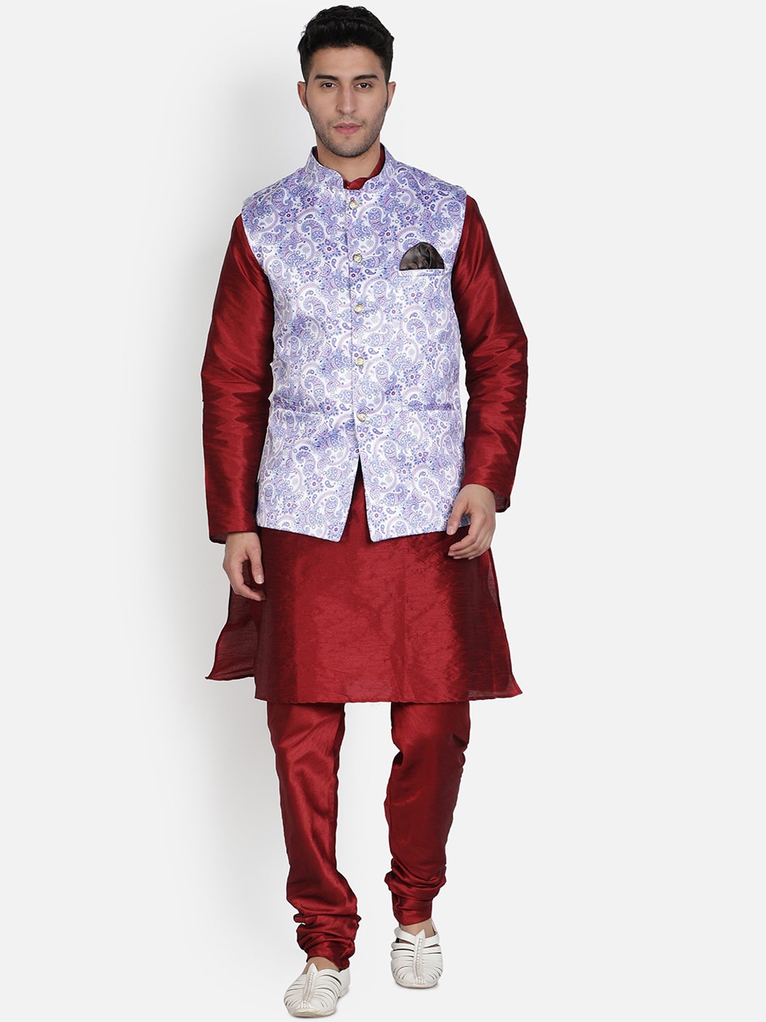Armaan Ethnic Mandarin Collar Dupion Silk Kurta with Churidar And Printed Nehru Jacket, Red
Armaan Ethnic Mandarin Collar Dupion Silk Kurta with Churidar And Printed Nehru Jacket, Red