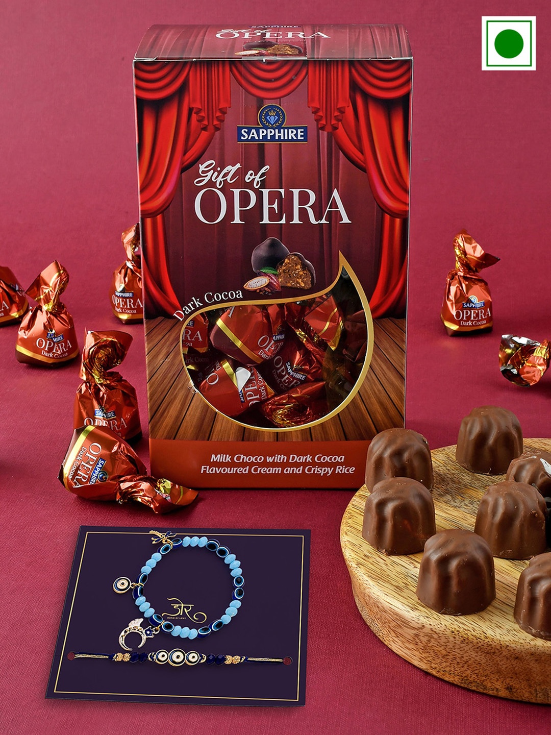 Hyperfoods Set Of 2 Rakhis With Sapphire Opera Dark Cocoa Chocolate Gift Set 420g, Blue
Hyperfoods Set Of 2 Rakhis With Sapphire Opera Dark Cocoa Chocolate Gift Set 420g, Blue