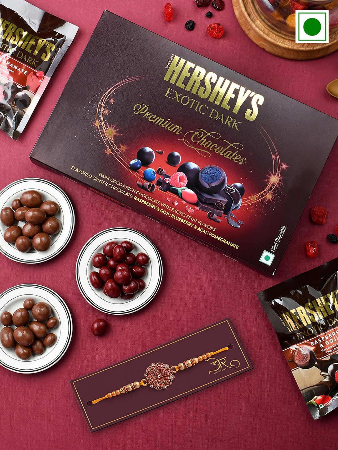 Hyperfoods Stone-Studded Rakhi With Hersheys Exotic Chocolates Gift Set 45g Each, Yellow
Hyperfoods Stone-Studded Rakhi With Hersheys Exotic Chocolates Gift Set 45g Each, Yellow