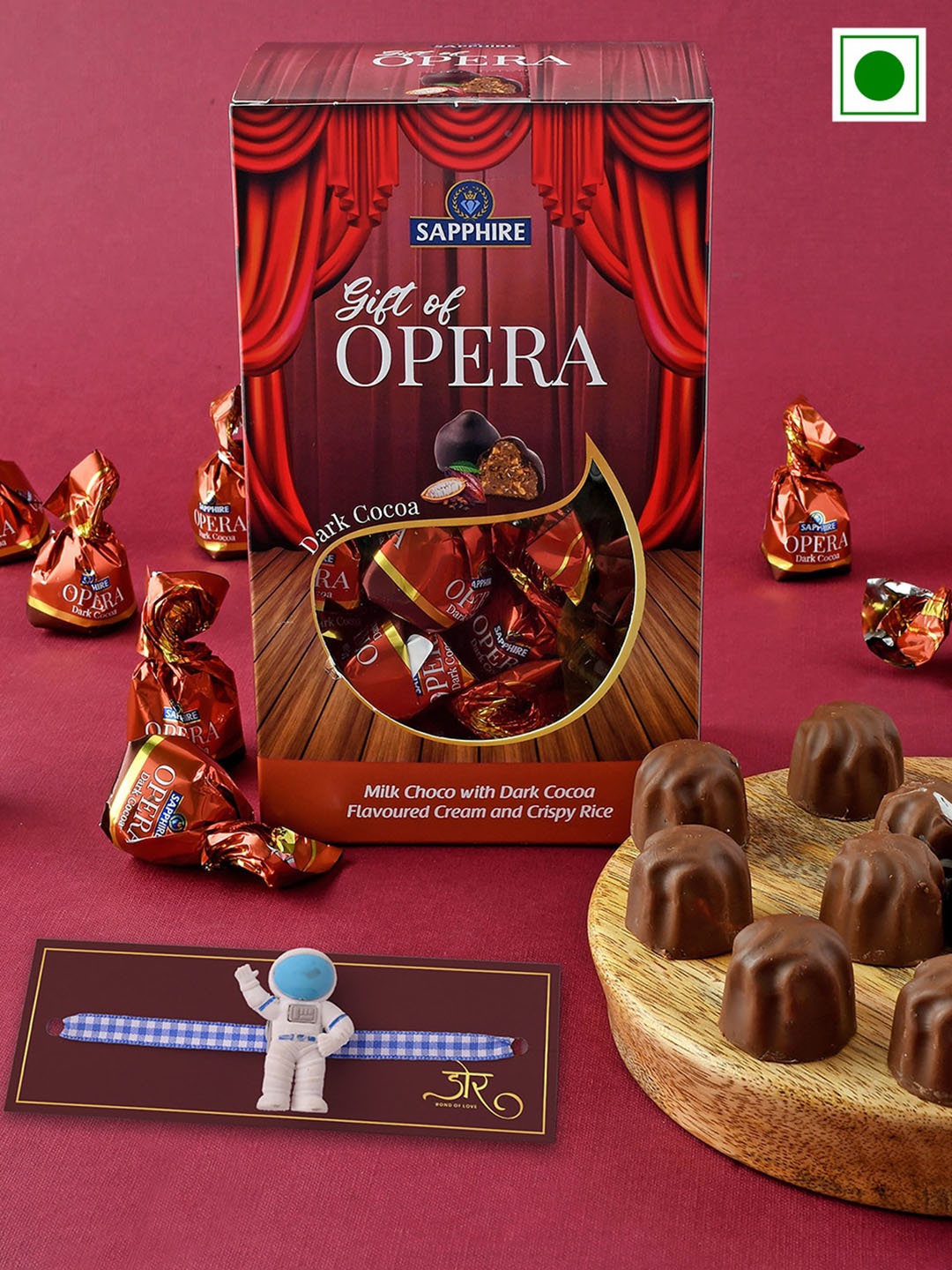 Hyperfoods Kids Astronaut Charm Rakhis With Sapphire Opera Dark Cocoa Toffees Set - 420g, Red
Hyperfoods Kids Astronaut Charm Rakhis With Sapphire Opera Dark Cocoa Toffees Set - 420g, Red