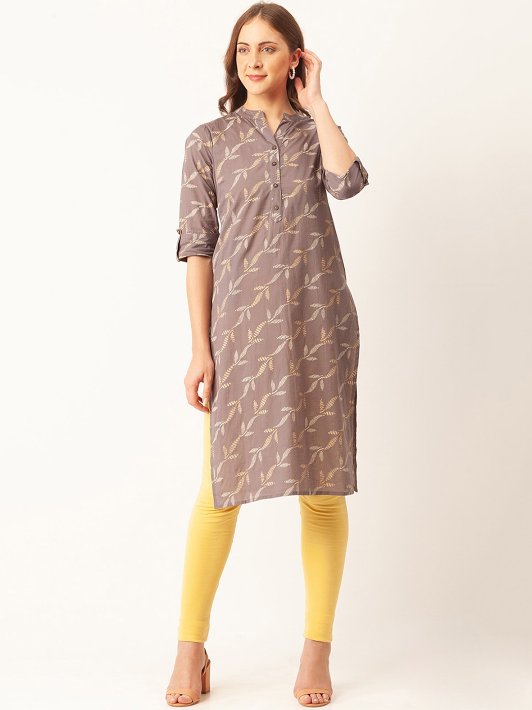 ODETTE Ethnic Motifs Printed Kurta, Beige