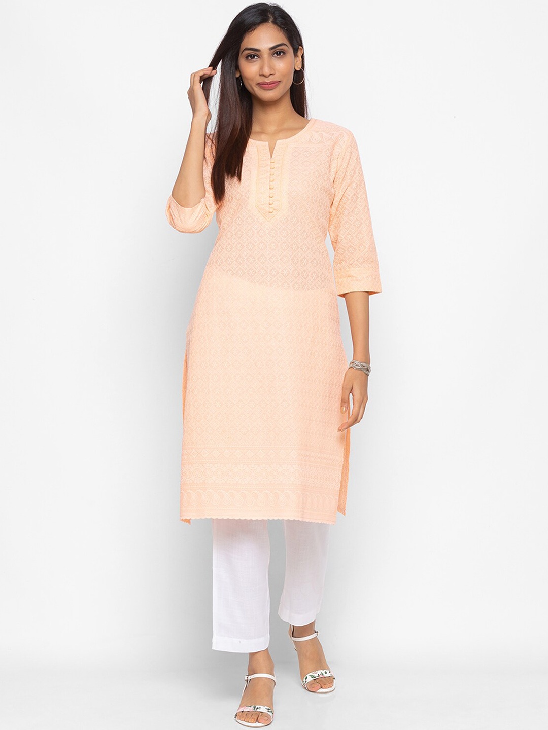 ODETTE Ethnic Motifs Embroidered Cotton Straight Kurta, Peach