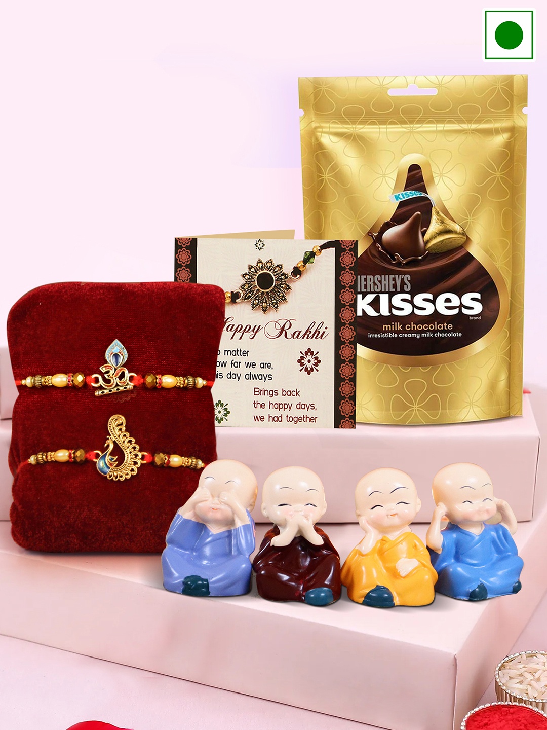 TIED RIBBONS Set Of 2 Om And Peacock Rakhi & Hersheys Kisses Chocolate Gifts 36g, Gold
TIED RIBBONS Set Of 2 Om And Peacock Rakhi & Hersheys Kisses Chocolate Gifts 36g, Gold