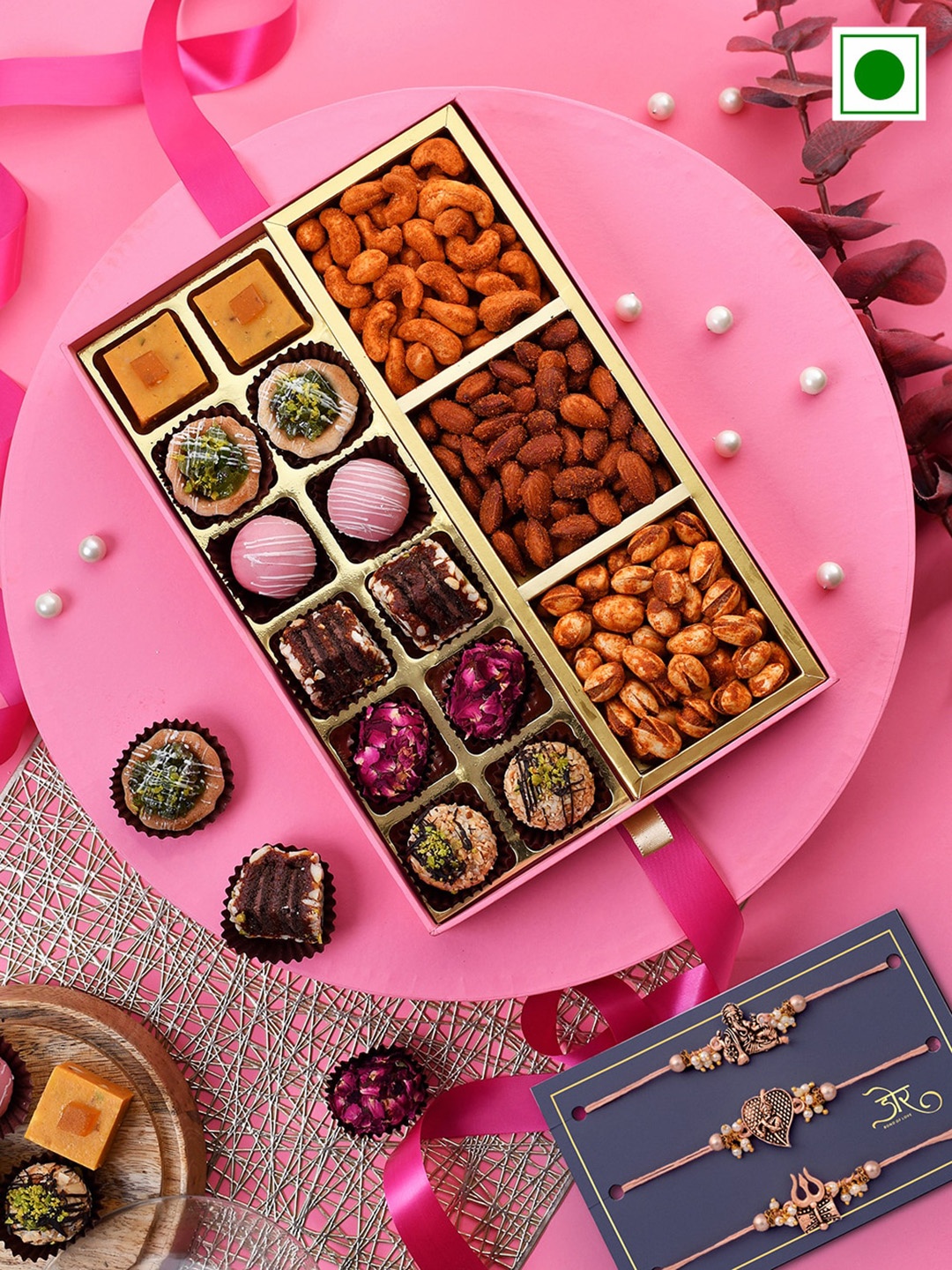 RawFruit Set Of 3 Charmed Rakhis With Sweets & Roasted Dry Fruit Gift Set, Rose gold
RawFruit Set Of 3 Charmed Rakhis With Sweets & Roasted Dry Fruit Gift Set, Rose gold