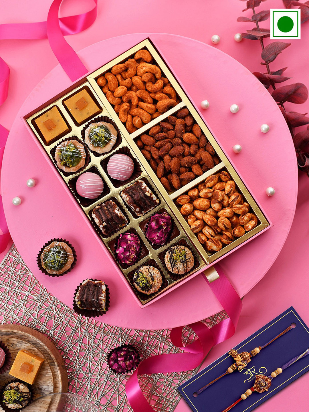 RawFruit Set Of 2 Ganesha & Krishna Charm Rakhi With Marjipan & Dry Fruit Set, Purple
RawFruit Set Of 2 Ganesha & Krishna Charm Rakhi With Marjipan & Dry Fruit Set, Purple